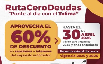 Descuento del 60% en sanciones e intereses del impuesto automotor en el Tolima